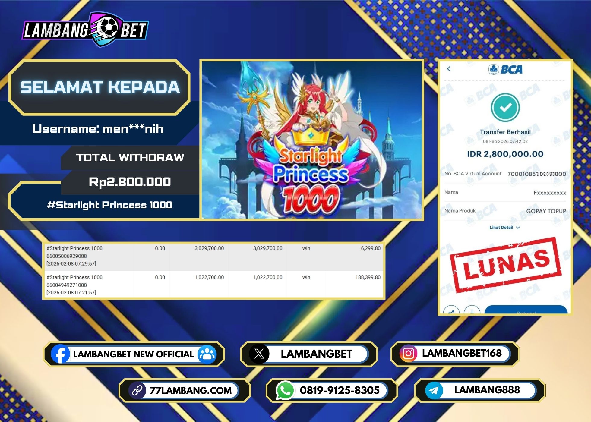 LAMBANGBET [8 FEBRUARI 2025] JACKPOT SLOT Starlight Princess 1000 "Rp2.800.000" LUNAS